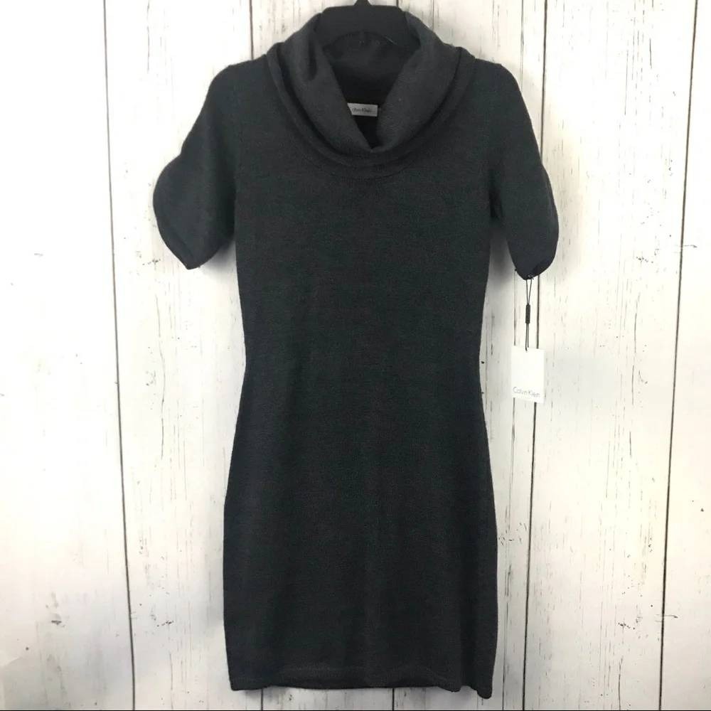 Calvin Klein Cowl Neck Sweater Dress Gray XS Womens Wool Blend Short Sleeve